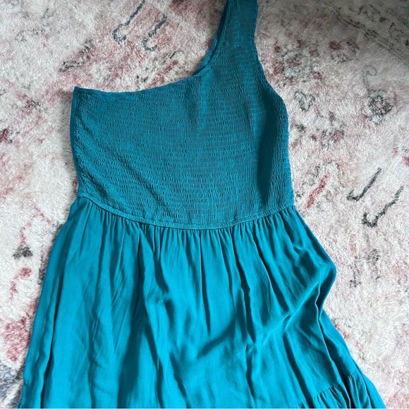 Teal One Shoulder Boho Tiered Midi Dress - Picture 5 of 5